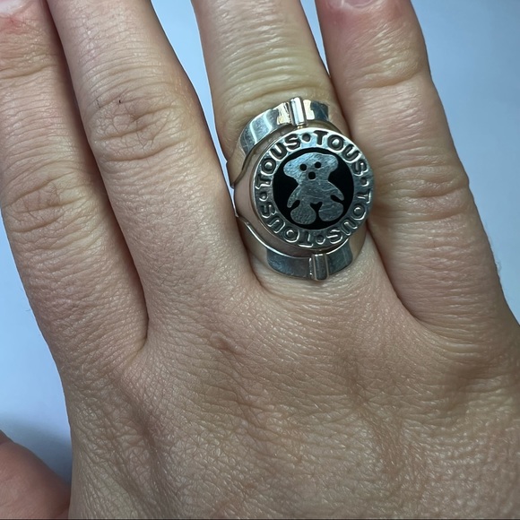 Black Mother of Pearl Teddy Bear Sterling Silver Ring Size 8 Adjustable - Picture 6 of 13